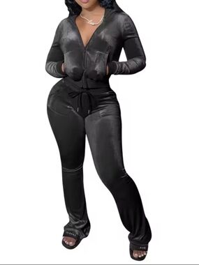 Black Velour Zip Hoodie & Pants Set